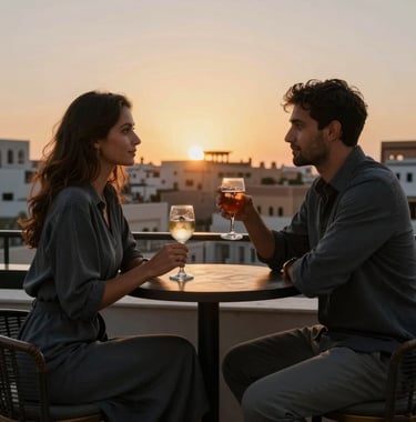 Luxury lifestyle photography of a sophisticated couple enjoying drinks at a modern rooftop bar in a North African / Moroccan city. They are silhouetted against a sunset using colors like Dark Charcoal and Muted Gold.