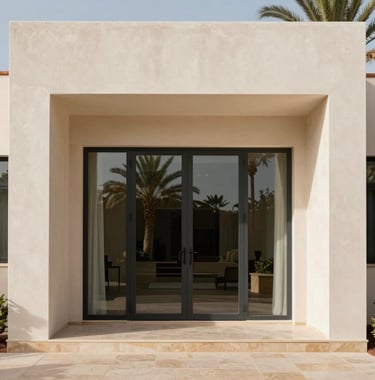 High-end real estate photography of a minimalist villa entrance in Marrakech. Clean lines, large glass doors reflecting palm trees, and a palette of Soft Cream and Warm Beige stones. North African / Moroccan landscape.