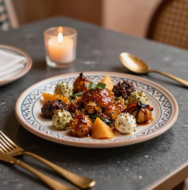 Close-up of a premium dining experience in a Marrakech riad. A handcrafted ceramic plate with gourmet Moroccan fusion cuisine sits on a dark charcoal table. Muted gold cutlery and a soft candle light create an atmosphere of exclusive sophistication.