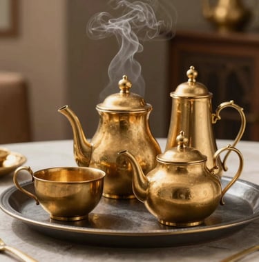 Close-up of a premium Muted Gold tea service in a North African / Moroccan setting. Soft lighting highlights the steam and the elegant Charcoal tray.