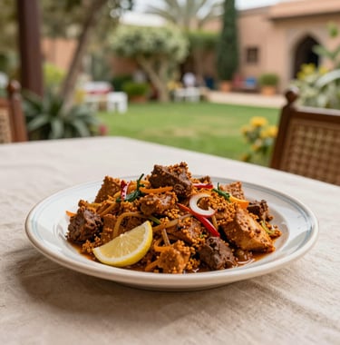 Photography of a gourmet Moroccan dish served on a fine ceramic plate on a table with Warm Beige linen. Background shows a blurred view of a lush North African / Moroccan garden during the day.