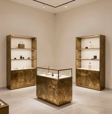 A minimalist and chic interior of a North African / Moroccan luxury boutique. Ivory walls and Bronze display cases creating an atmosphere of understated luxury.