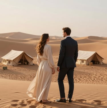 An elegant professional couple in chic desert attire standing on a sand beige dune overlooking a luxury desert camp in a North African / Moroccan environment. The lighting is soft morning gold.