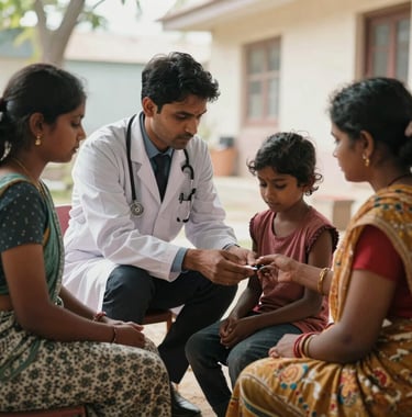 A South Asian community health camp in a bright outdoor setting, where a doctor is providing compassionate care to a local family, conveying trust and service.