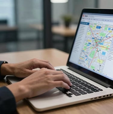 A close-up shot of hands typing on a laptop with a digital logistics map reflected in the glass partition. Professional corporate setting in North America.