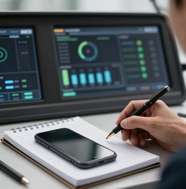 A dashboard interface blurred in the background with a focused foreground of a professional dispatcher's notepad and smartphone on a desk. Clear, bright lighting.