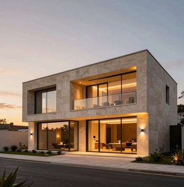 An architectural photograph of a modern luxury estate in Portugal, managed by FNAI Quintas e Luxo. Set against a serene sunset sky, highlighting elegant stone finishes, floor-to-ceiling glass, and warm gold exterior lighting in a European / Portuguese context.