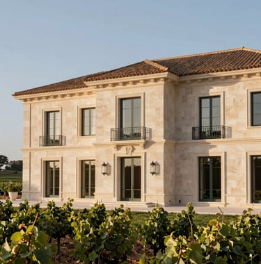 Architectural exterior shot of a luxury estate quinta in Portugal with surrounding vineyards, warm afternoon sunlight, sophisticated stone facade, high-end European / Portuguese real estate photography.