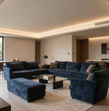 An interior architecture photograph showcasing a refined contemporary living space designed by Brigitte Works. Styled with dark slate blue furniture, warm beige walls, and architectural precision lighting in a high-end European / Portuguese residence.