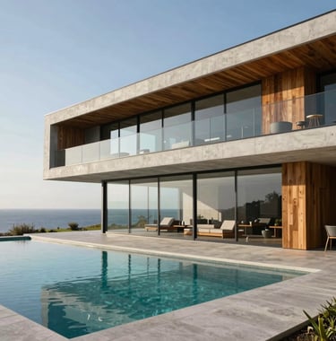 Modern minimalist villa exterior designed by architects, glass walls, infinity pool, sleek concrete and timber construction in European / Portuguese coastal setting.