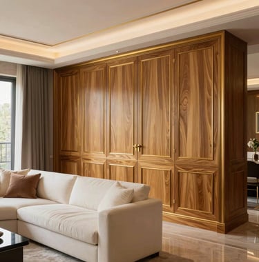 Sophisticated interior detail of a luxury residence living room, bespoke timber joinery, warm gold finishes, off-white textiles, professional European / Portuguese architectural photography.
