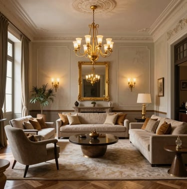 Sophisticated interior design living space with warm gold decorative lighting and bespoke furniture in a restored Portuguese residence.