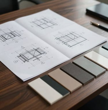 A close-up photograph of precise engineering plans, architectural drawings, and modern material samples arranged neatly on a dark wooden desk. Soft ambient light emphasizes professional quality in a European / Portuguese corporate office.