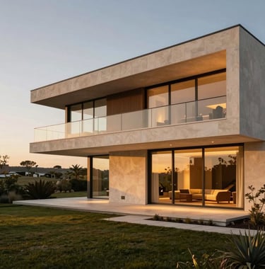 Contemporary luxury villa exterior in Portugal with modern linear architecture, ambient warm gold light and refined landscape aesthetics.