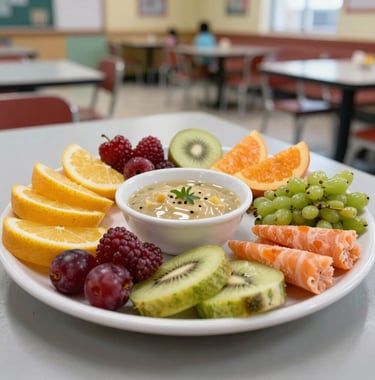 A close-up of a healthy, colorful snack plate for kids in a modern school cafeteria, South Asian / Indian setting, featuring fresh fruits and balanced nutrition.