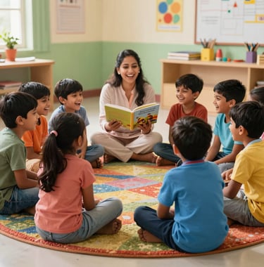 A group of happy South Asian / Indian children sitting in a circle on a colorful rug, laughing and listening to a teacher holding a picture book, bright and vibrant classroom setting.