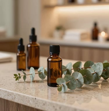 A close-up of amber essential oil bottles and fresh eucalyptus branches sitting on a polished stone countertop in a calm boutique spa in San Diego, California. Soft ambient light, serene and natural aesthetic, professional detail shot.