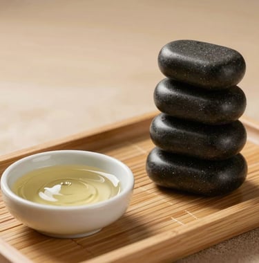 Smooth dark basalt massage stones stacked neatly beside a ceramic dish with soothing herbal lotion on a bamboo tray in San Diego, California. Minimalist spa aesthetic, warm soft focus lighting.