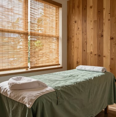 A tranquil massage treatment room at a wellness studio in San Diego, California. Gentle daylight filtering through bamboo blinds onto a massage table dressed in sage green linens, warm natural oak wood accent wall, peaceful atmosphere, high quality photography.