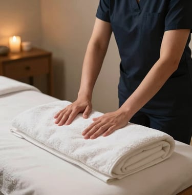 A licensed female massage therapist thoughtfully preparing warm cotton towels in a serene massage studio in San Diego, California. Warm ambient indoor light, calm expression, professional wellness photography.