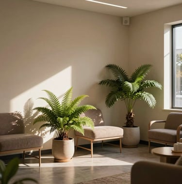 Sunlight illuminating potted botanical ferns in a peaceful waiting room lounge of a massage therapy clinic in San Diego, California. Soothing earth-toned interior design, serene atmosphere, high resolution photography.