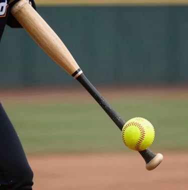 Close-up of a softball bat making contact with a ball, high-speed photography, professional sports field background, North American / US.