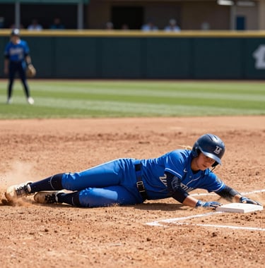 A bright daytime action shot of a softball game at a professional US stadium, capturing a player sliding into home plate with a cloud of dust, vibrant steel blue and navy uniforms.