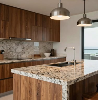 A close-up photograph of a clean, minimalist kitchen design in a South American penthouse, showing off a granite island, polished wood cabinetry, and sophisticated lighting fixtures.