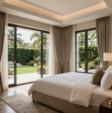 A master suite bedroom in a luxury house in Alphaville. Large windows overlooking a garden, neutral tones with gold accents, and a king-size bed with premium linens. Sophisticated Brazilian interior.