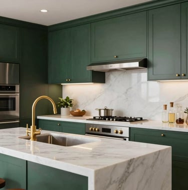 Interior photography of a gourmet kitchen in a high-end Brazilian apartment. White marble countertops, dark green cabinetry, and elegant gold fixtures. Modern and clean aesthetic.