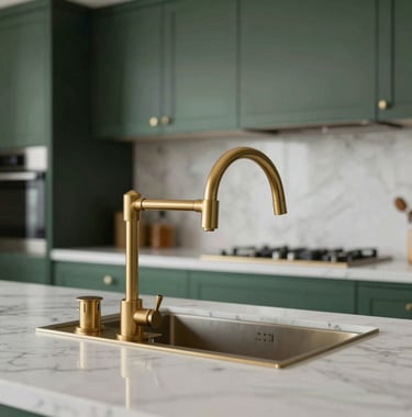 Close-up of a high-end kitchen with gold fixtures, dark green cabinetry, and white marble countertops. A sophisticated South American / Brazilian interior design style.