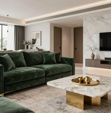A luxury interior photography shot of a bright living room in a modern Brazilian apartment, featuring high-end furniture in dark green and white tones, with elegant gold accents on a marble coffee table.
