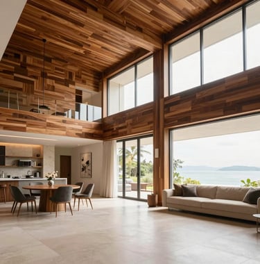 Spacious luxury living area with an open-plan design, featuring high ceilings and elegant Brazilian wood finishes. Bright and airy atmosphere.