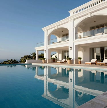 A beautiful architectural photography shot of an infinity pool on a luxury terrace in Alphaville, reflecting the bright blue sky and the elegant white structure of the residence.