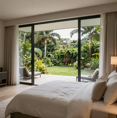 Modern master suite in a premium residence, with soft off-white linens and large windows showing a lush South American / Brazilian garden outside.
