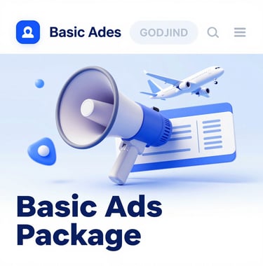 A graphic for 'Basic Ads Package' featuring a megaphone and a plane ticket, styled for a digital marketing agency in blue and white.