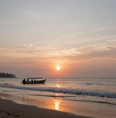 A beautiful cinematic shot of a sunset over a beach in Goa with adventure seekers on a boat in the distance, representing the successful results and growth of the travel businesses Ads24 helps manage.
