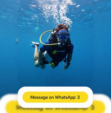 A vibrant digital advertisement for a Goa scuba diving adventure. The design is bold and professional, featuring high-quality underwater photography and a clear 'Message on WhatsApp' button with brand yellow #E0B95B accents.