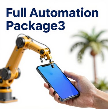 A graphic for 'Full Automation Package' featuring a robotic arm interacting with a mobile phone and a palm tree, using #2C7DA0 and #E0B95B.