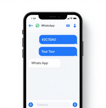 A close-up of a modern smartphone interface showing a WhatsApp chatbot conversation with a travel agency. The UI is clean and incorporates brand colors #2C7DA0 for message bubbles, showing automated responses for booking a tour.