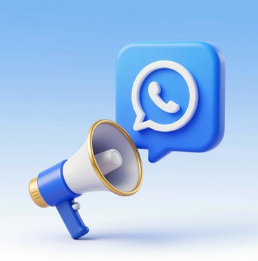 A vibrant digital graphic showing a 3D icon of a WhatsApp message bubble emerging from a megaphone. The color scheme focuses on the brand's blue #2C7DA0 and the gold #E0B95B to signify growth and communication efficiency.