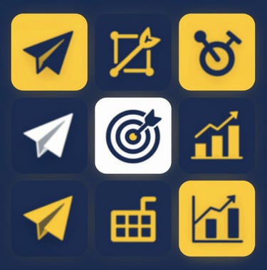 A collection of stylized icons representing travel and marketing: a paper plane, a target with an arrow, and a bar chart, all rendered in a modern flat-lay style using the brand palette colors #0F2C3D and #E0B95B.