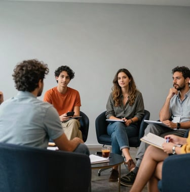 Candid photograph of a creative team brainstorming in a modern Brazilian office, light gray walls, dark navy furniture, vibrant and professional mood.