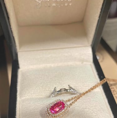 hot pink spinel double halo diamond pendant ring in 18k rose and white gold