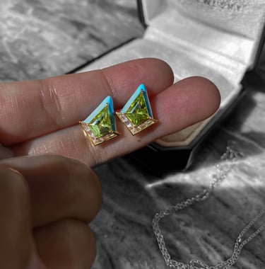Peridot White Sapphire Enamel Geometric Earrings in 14k Yellow Gold