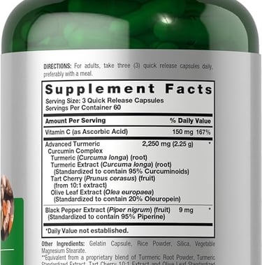 Turmeric Curcumin 2250 mg 180 Capsules Ingredients List 