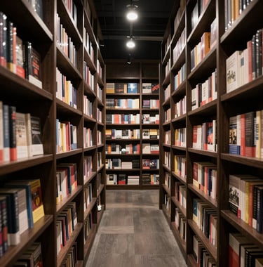 A wide photography shot of an elegant, modern bookstore aisle in North America at night. Dark wood shelves are filled with books, illuminated by soft off-white spotlights that create a cinematic, high-contrast atmosphere of intellectual discovery.