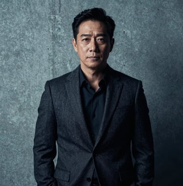 A cinematic professional portrait of an author in a dark, structured blazer, standing against a muted blue-gray concrete wall. The lighting is dramatic and high-contrast, capturing a sophisticated and intelligent expression, North American / US urban style.