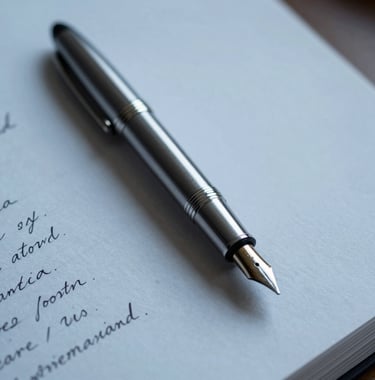 Close-up photography of a sleek fountain pen resting on a handwritten manuscript page. The scene is lit with cool blue-gray tones and deep shadows, emphasizing the texture of the paper and the metallic gleam of the pen, North American / US office context.