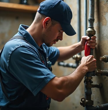 Professional plumber in uniform repairing metal water pipes with a wrench for home maintenance.